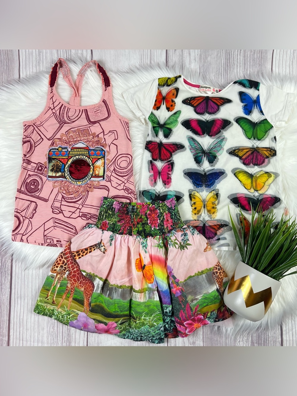 Desigual Girls 8 Colorful Outfit Set Butterfly Tee Sequin Tank Skirt